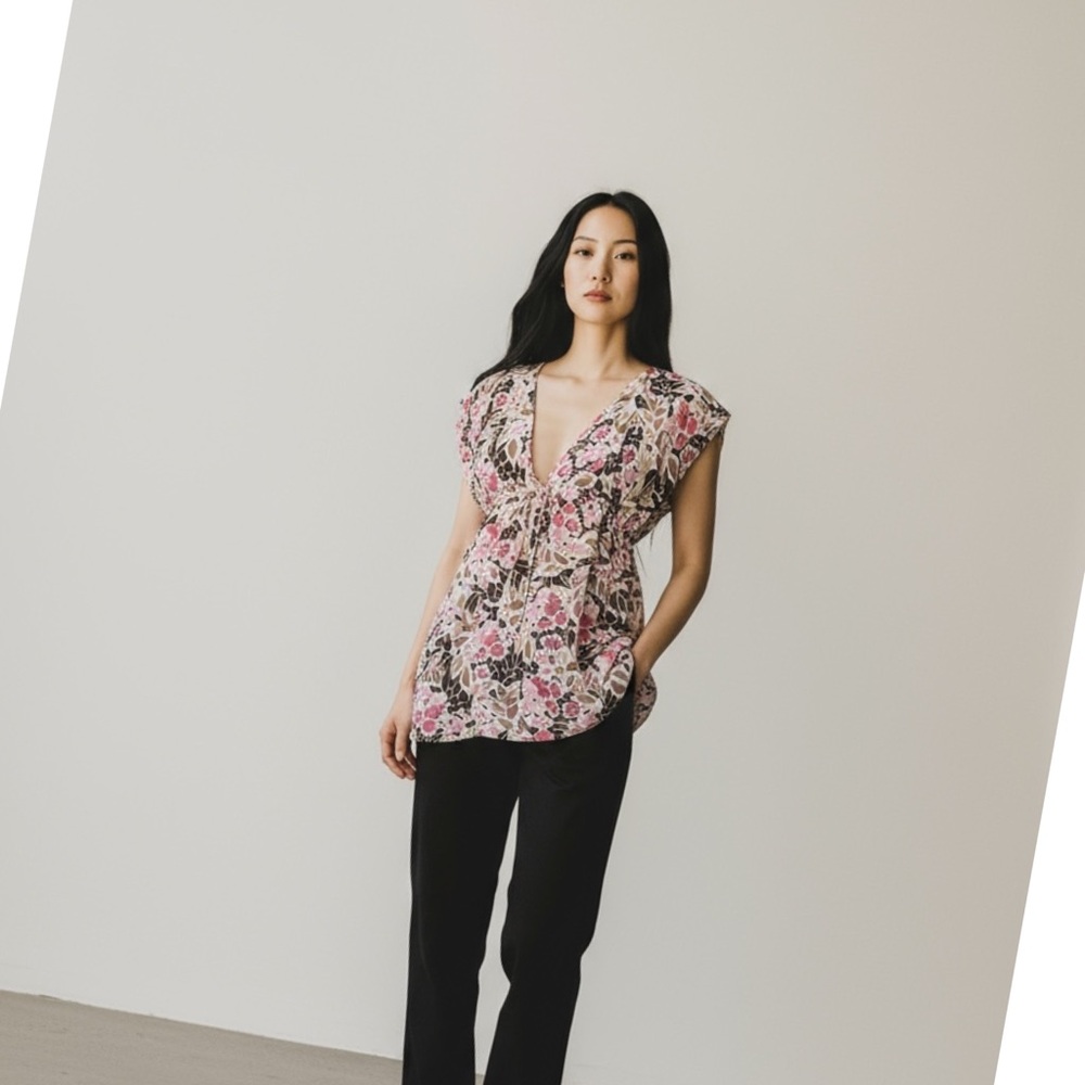 BCX Floral V-Neck Tunic Top Beach Swim Cover with Tie Waist